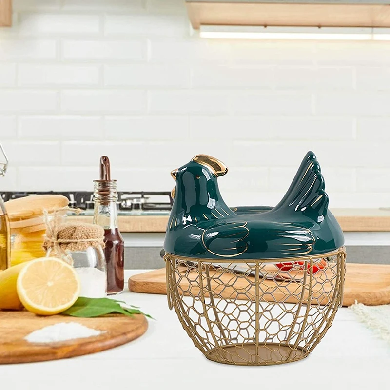 Egg Storage Basket Metal Wire Fruit Basket With Chicken Shape Lid Ceramic Egg Holder, Storage Holds 30 Eggs