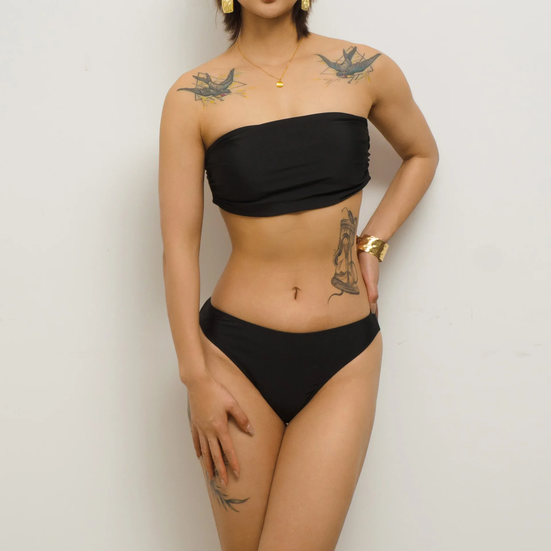 Sexy Solid Color 3 Piece Swimsuit for Women Strapless Backless High Waist Drawstring Mesh Skirt Bikini Set Beach Swimwear 2025