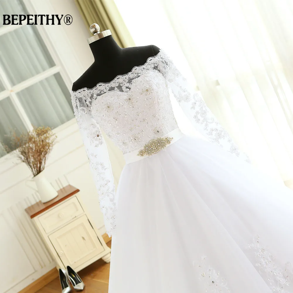 Đầm Vestido De Novia Đế Quốc Áo Cưới Nhà Nguyện Đoàn Tàu Tay Dài Lệch Vai Tùy Chỉnh Giá Rẻ Cô Dâu Đầm Áo Dài Cô Dâu