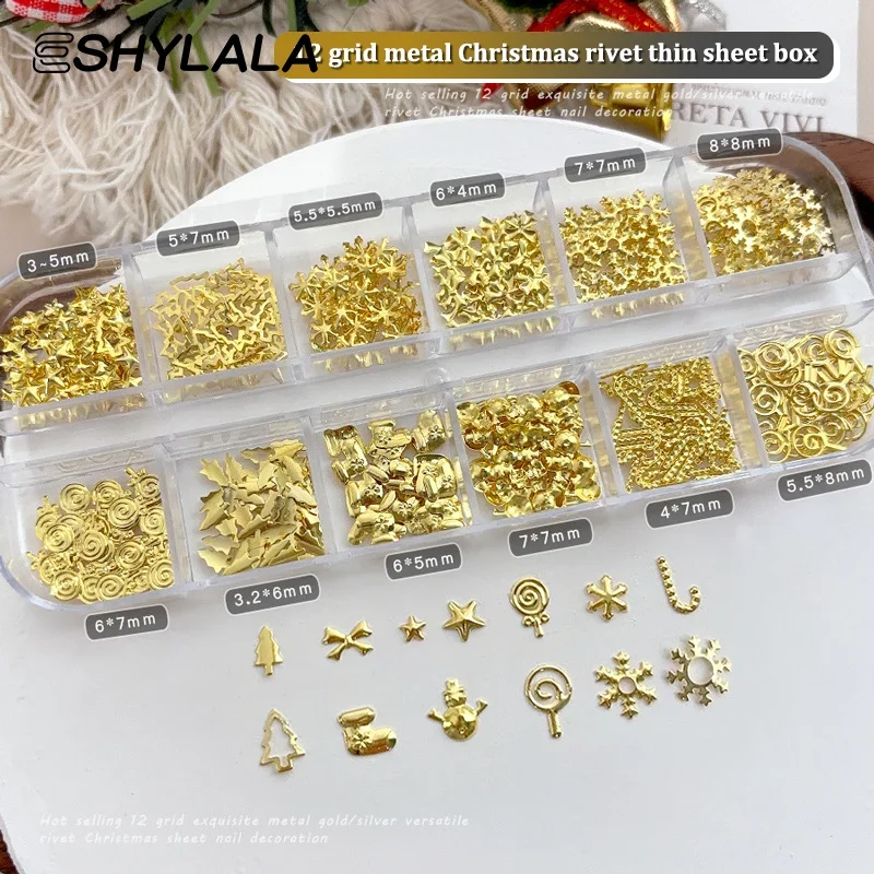12 Grids Christmas Metal Slice Xmas Tree Snowflake Lollipop Gear Star Gold Silver Nail Art Sequins Decorations Manicure Charms