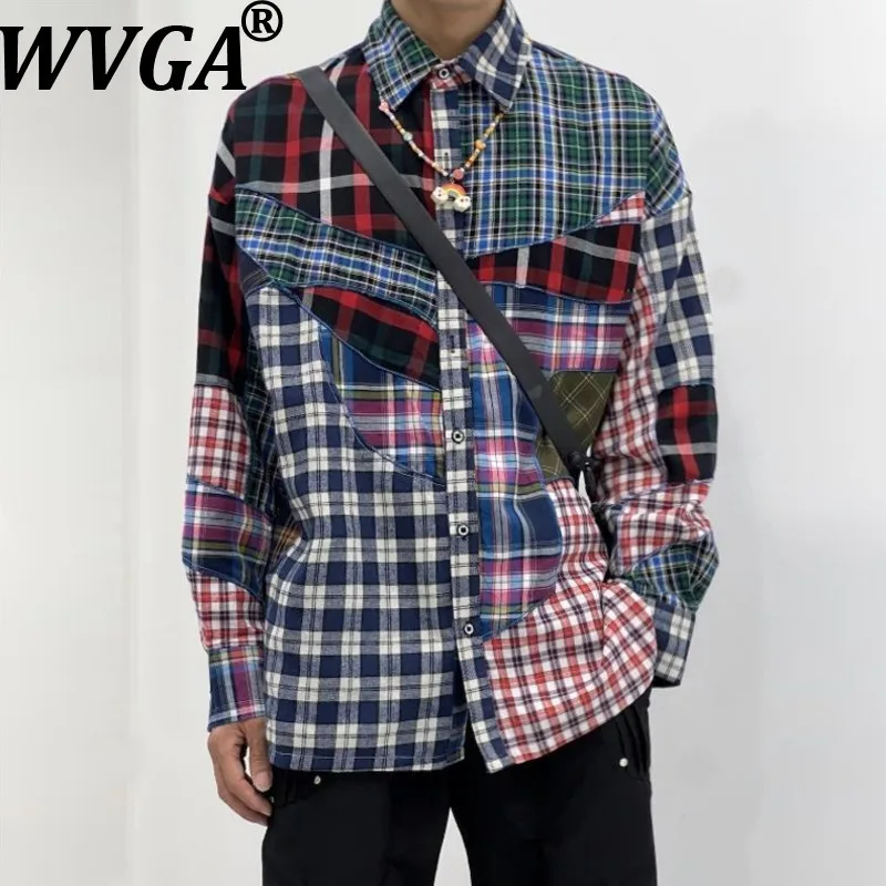 

WVGA Spring Autumn New Man Tide High Street Plaid Stitching Trendy Design Long Sleeve Shirt Niche Chic Casual Top Ins Y2K W12369