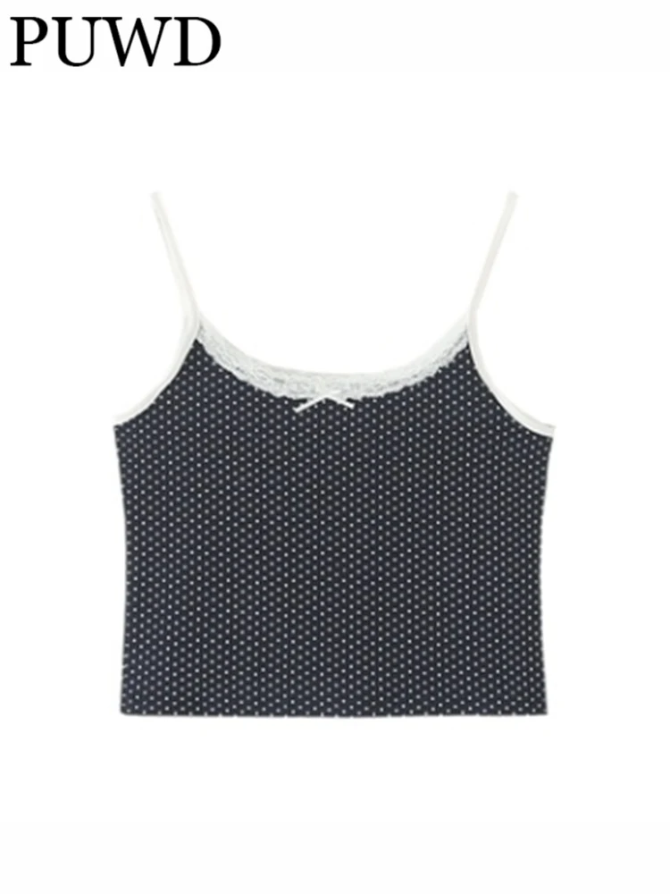 

PUWD Casual Women Navy Retro Lace Backless Camis 2022 Summer Fashion Ladies Sleeveless Girls Knitted Slim Camisole Top