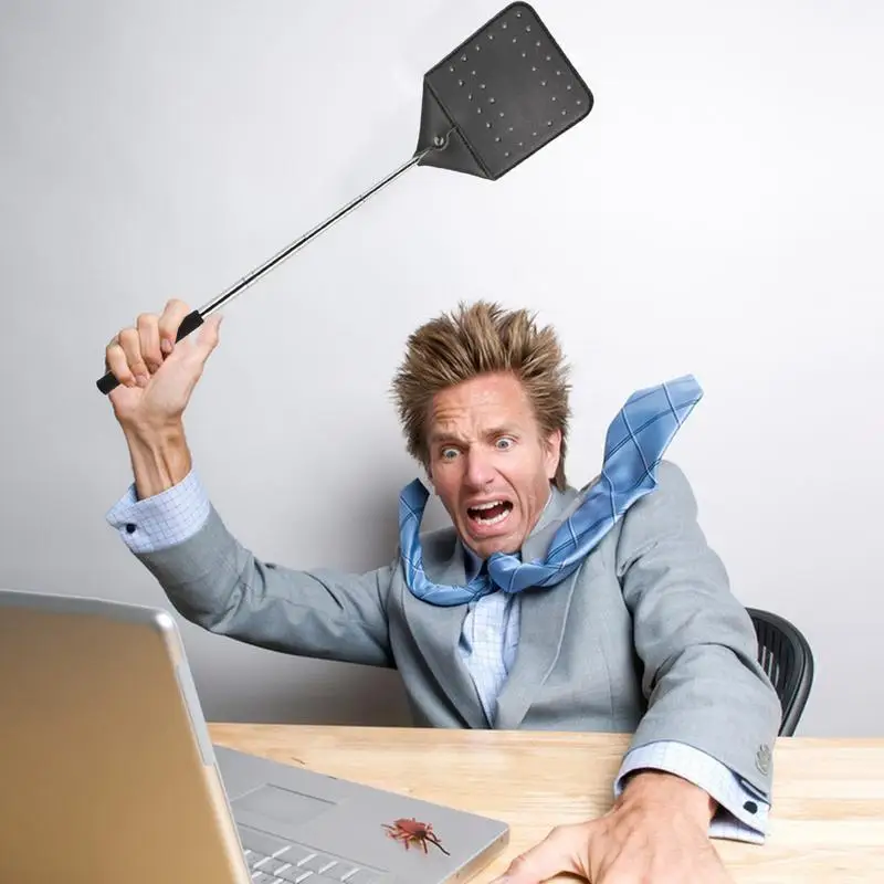 Fly Swatters Long Handle Heavy Duty Leather Fly Swatter Handheld Zapper Racket With Metal Handle Flying Catcher Tool For Fishing