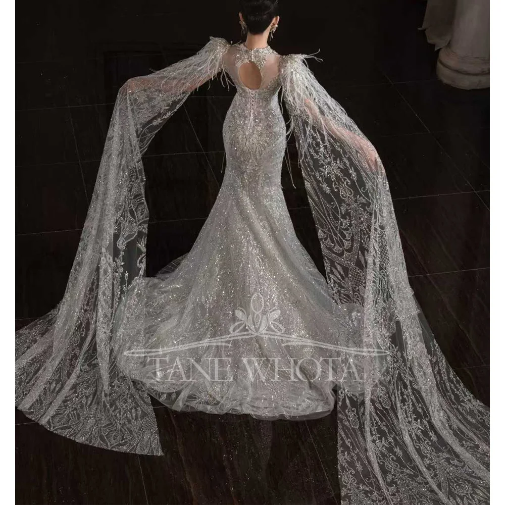 Sexy O-Neck Cap Sleeve Wedding Dress Lace-Up Keyhole Back Sequined Tassel Feathers Customized Sheath Gown For Women