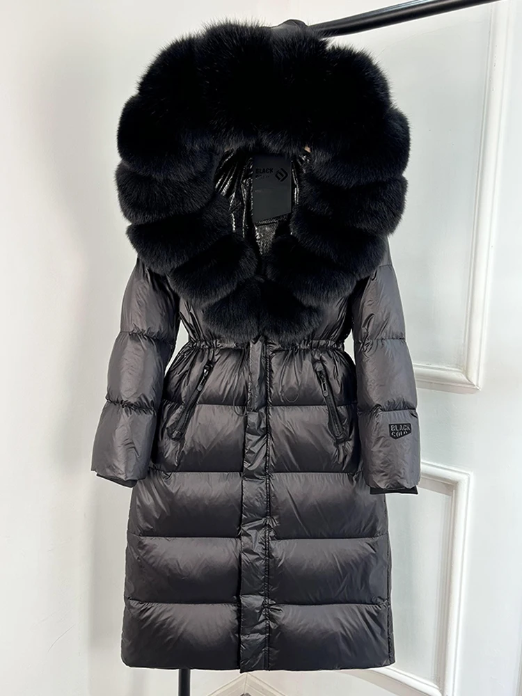 Janveny Thick Glossy Long Puffer Jacket Women Real Fox Fur Hooded 2026 Winter 90% Duck Down Coat Waterproof Female Warm Parkas