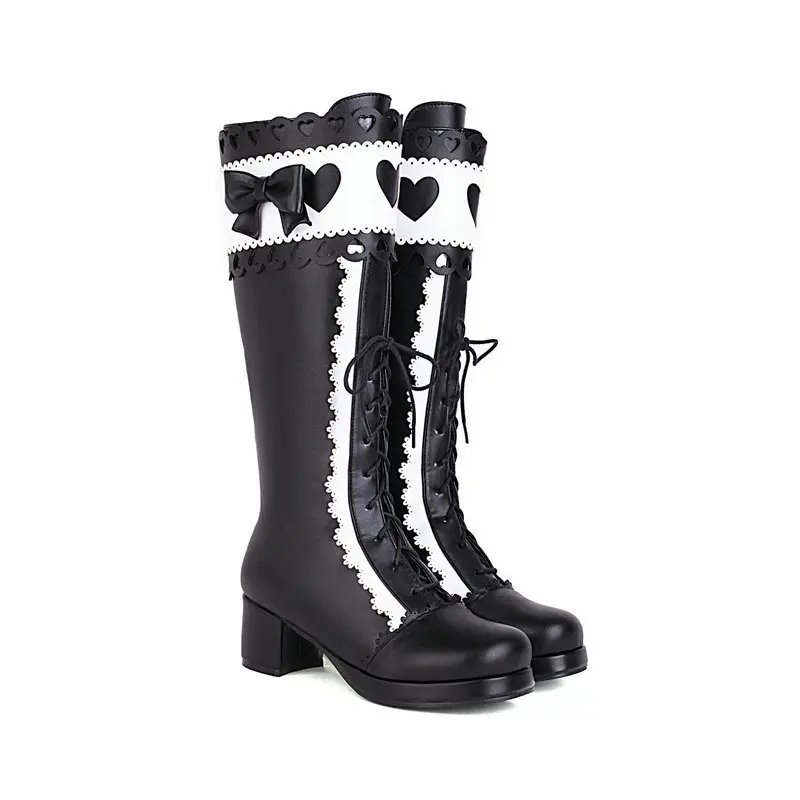 Autumn Winter Women Lolita Boots, Block Heel High Heel Princess Boots with Bow Heart Lace Decor, Lolita Knee High Boots