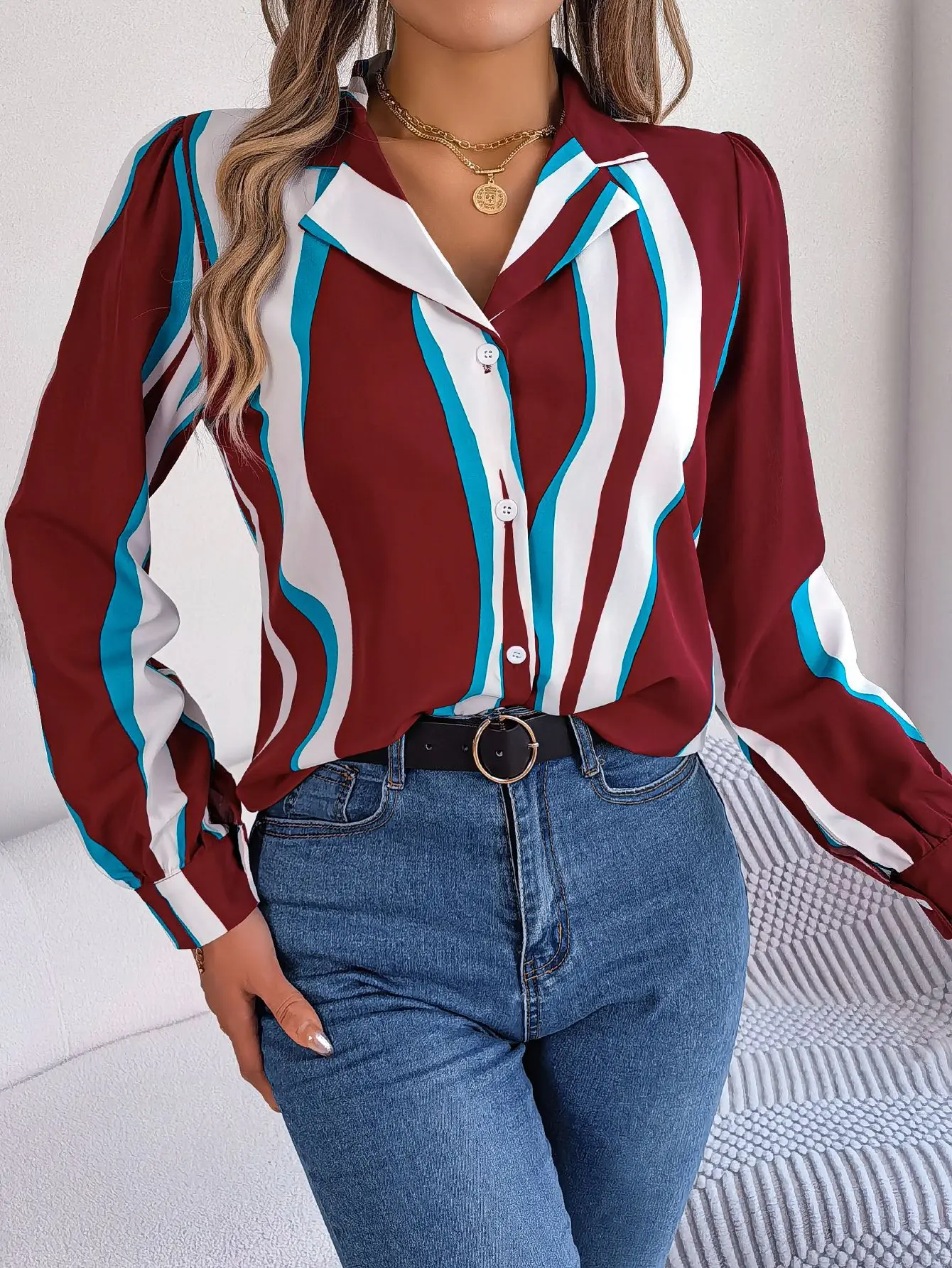 

Office Style Casual Versatile Shirt With Single Breasted Buttons, Contrasting Color Stripes, BF Style Lapel, Long Sleeved Shirt