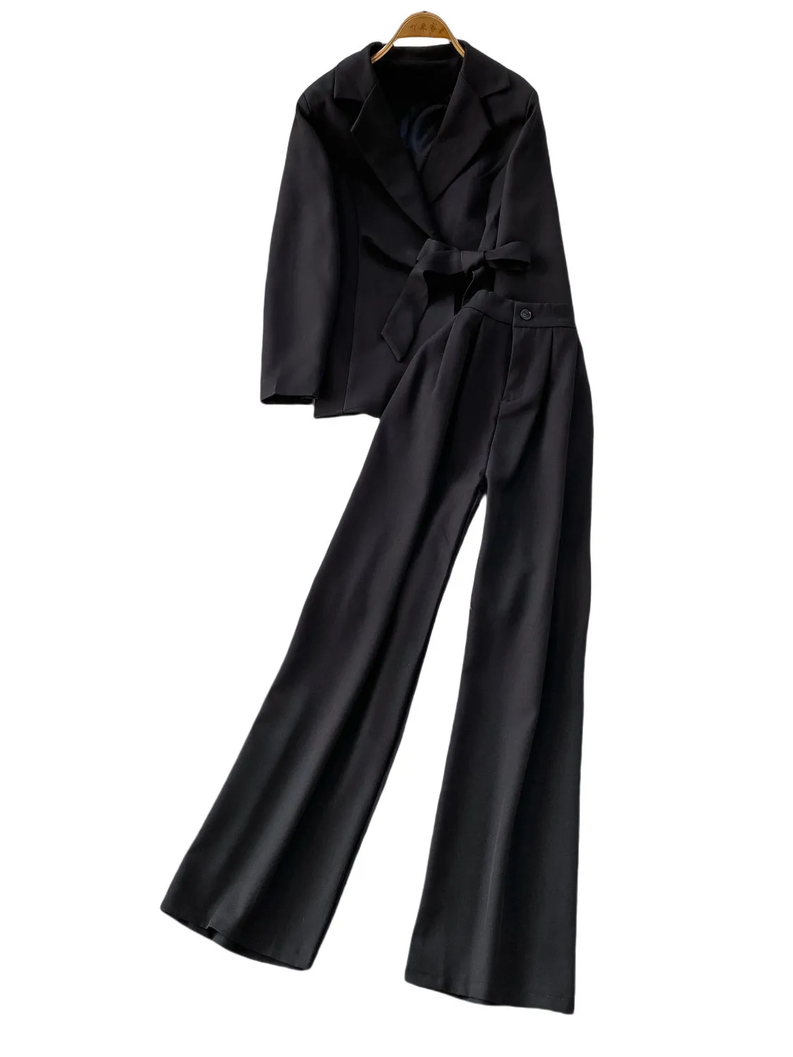 Ele Busin Women's Suit Two-Piece Set High Waist Wide Leg Pants Belted Waist Slimming Effect Profional Commute Sle