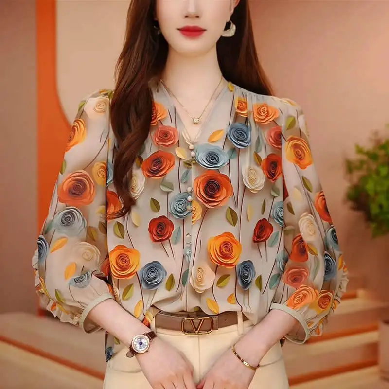 Large Size Spring Autumn Temperament V-Neck Shirt Female Fashion Vintage Floral Contrast Color Button Office Lady All-match Tops