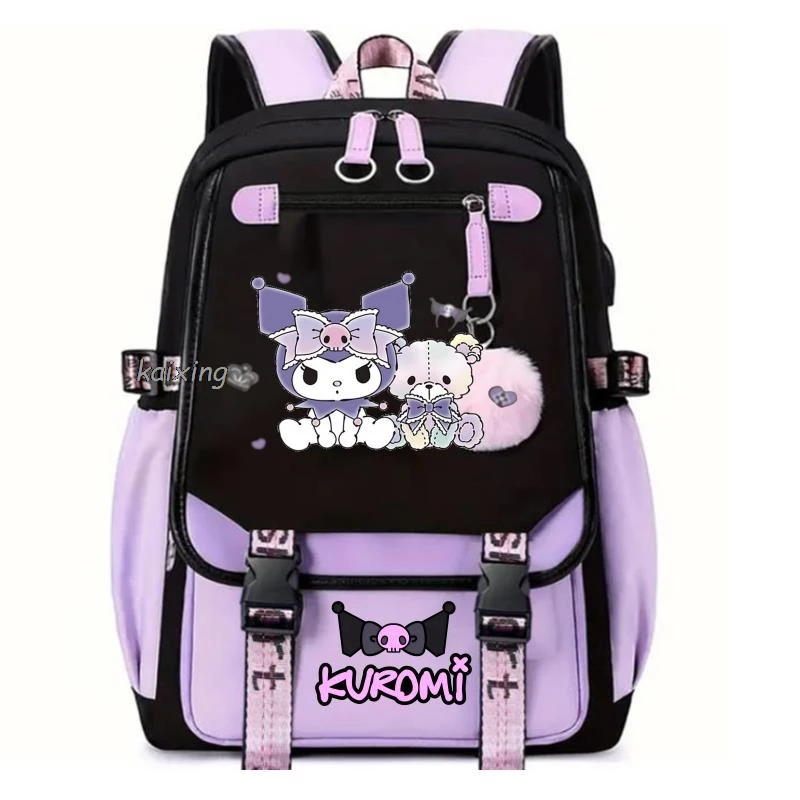 Piękny Kuromi Melody plecaki USB Cartoon fioletowy nadruk chłopiec dziewczęta tornister studenci Bookbag nastolatki kobiety Mochila Escolar Niña