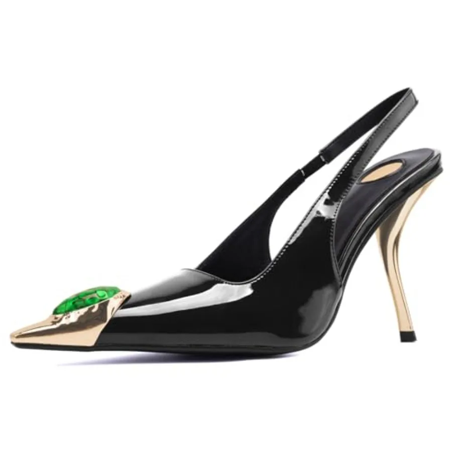 

Slingback Heels for Women Pointed Toe Backless Stiletto 4 Inch High Heels Stretch Slip on Bright Leather Comfortable Dress Prom