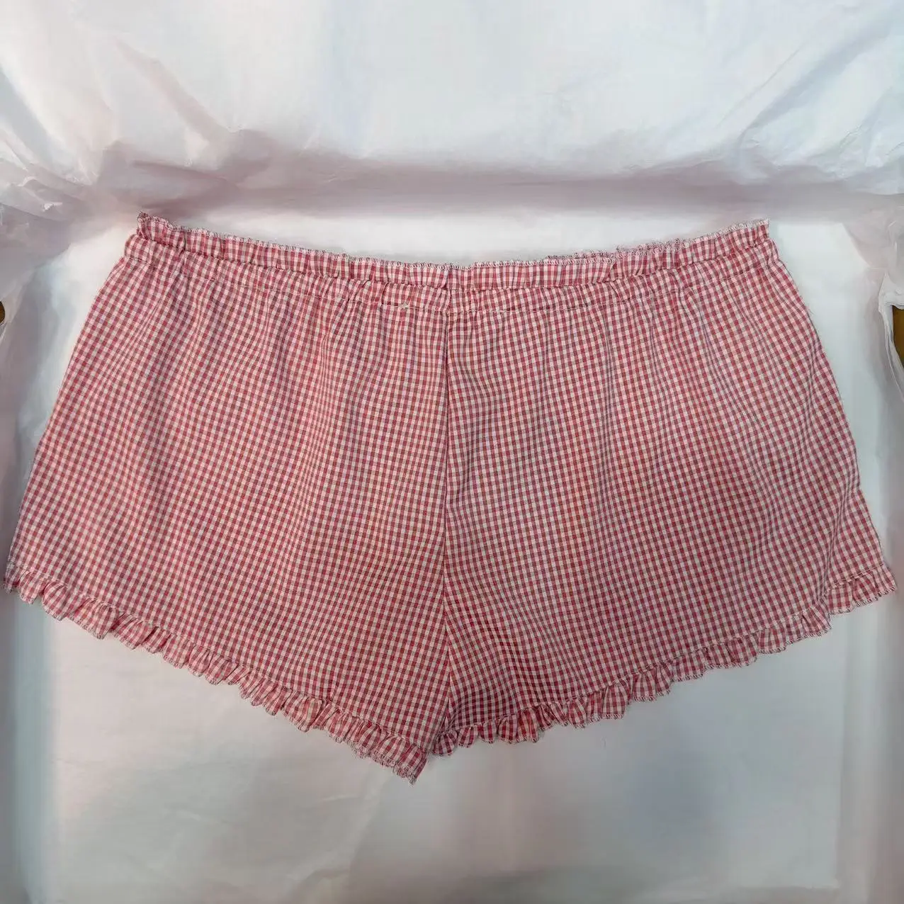 핑크 플래드 러플 반바지 여성 여름 투버튼 보우 밴딩 슬림 숏 팬츠 프레피 스타일 스윗 캐주얼 홈 박서 반바지