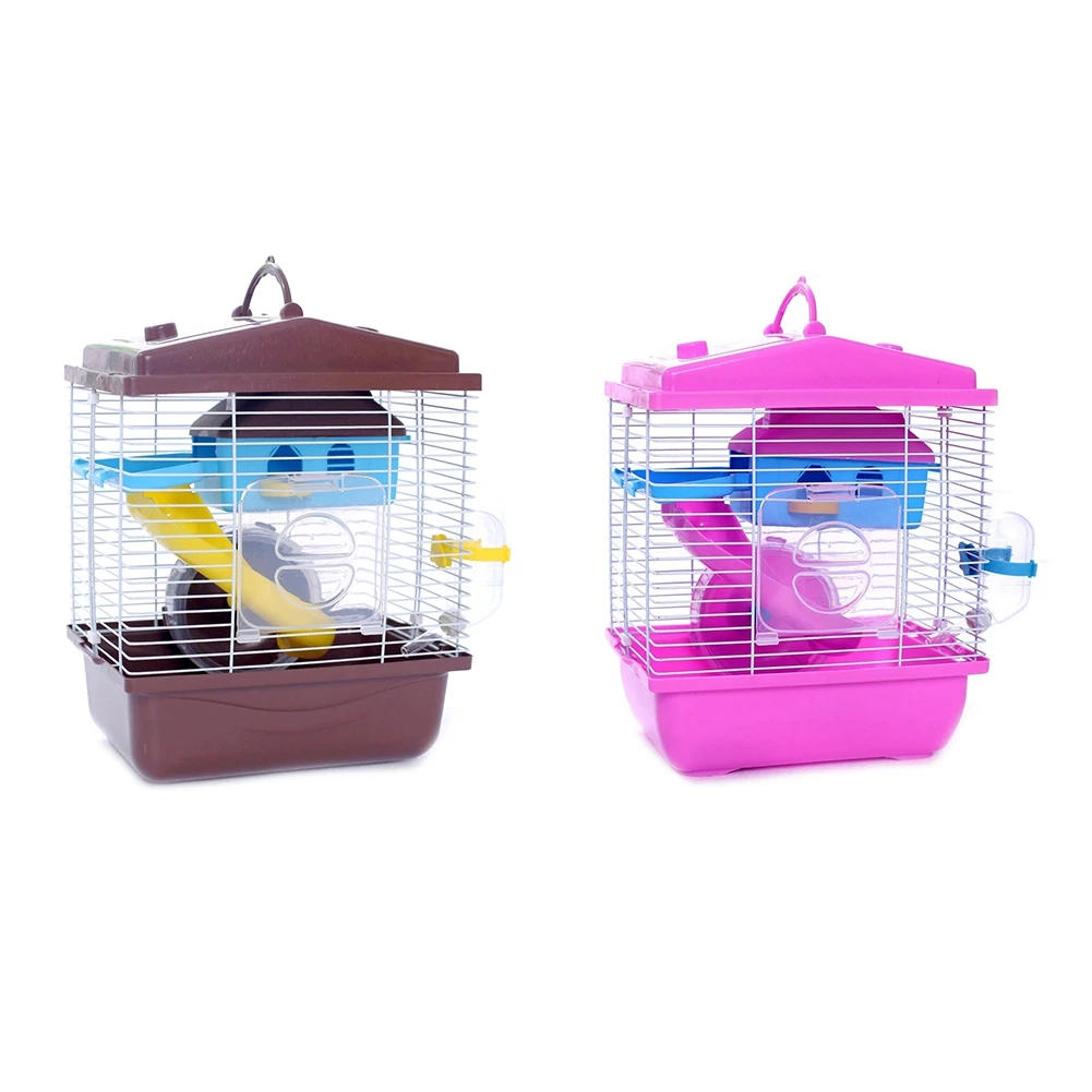 

2 Pcs Pet Cage Hamster Cottage With Transparent Skylight Double Layer House For Golden Hamster Pet, Coffee & Pink-B09B