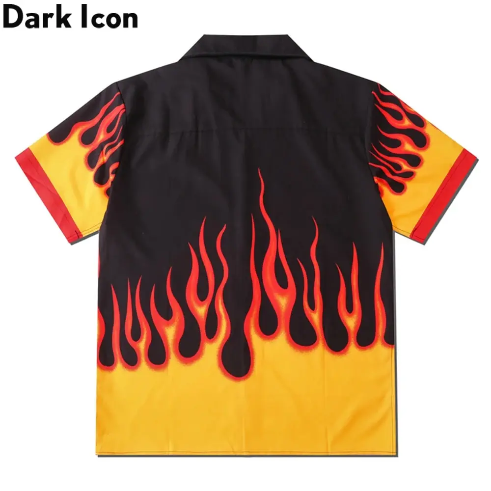 Dark Icon Flame Button Retro Men\'s Shirt Summer Street Men\'s Shirt Holiday Beach Shirt Men\'s Clothing