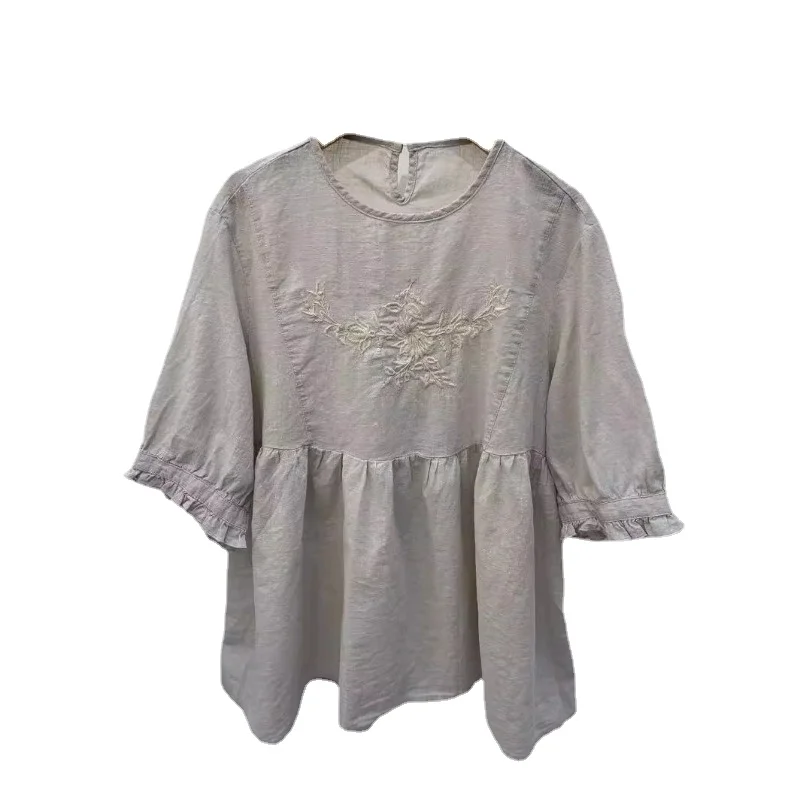 

Bamboo Cotton Embroidery Pullover Short-sleeved for Women