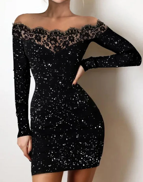 Women's Black Bodycon Mini Dress Off-Shoulder Lace Trim Long Sleeve Gown Stylish Party Outfit Dates Nights & Special Occasions