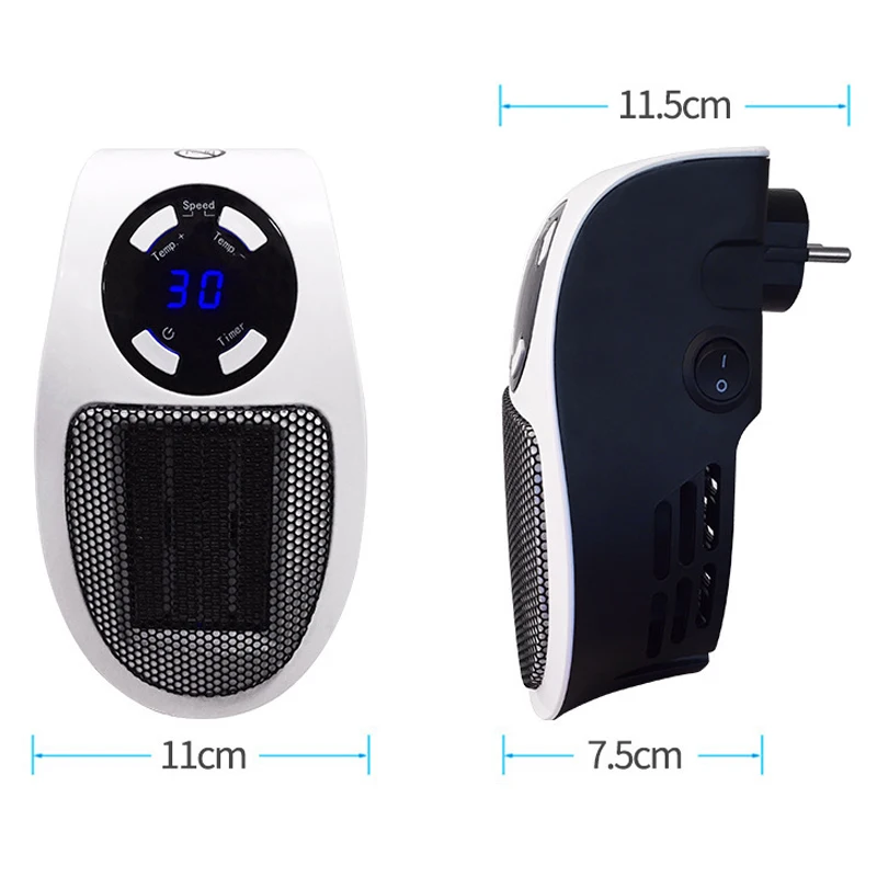 Calentador de ventilador de 500W, Mini calentador eléctrico de espacio, calentador de salida de pared portátil con pantalla LED, termostato ajustable y temporizador silencioso