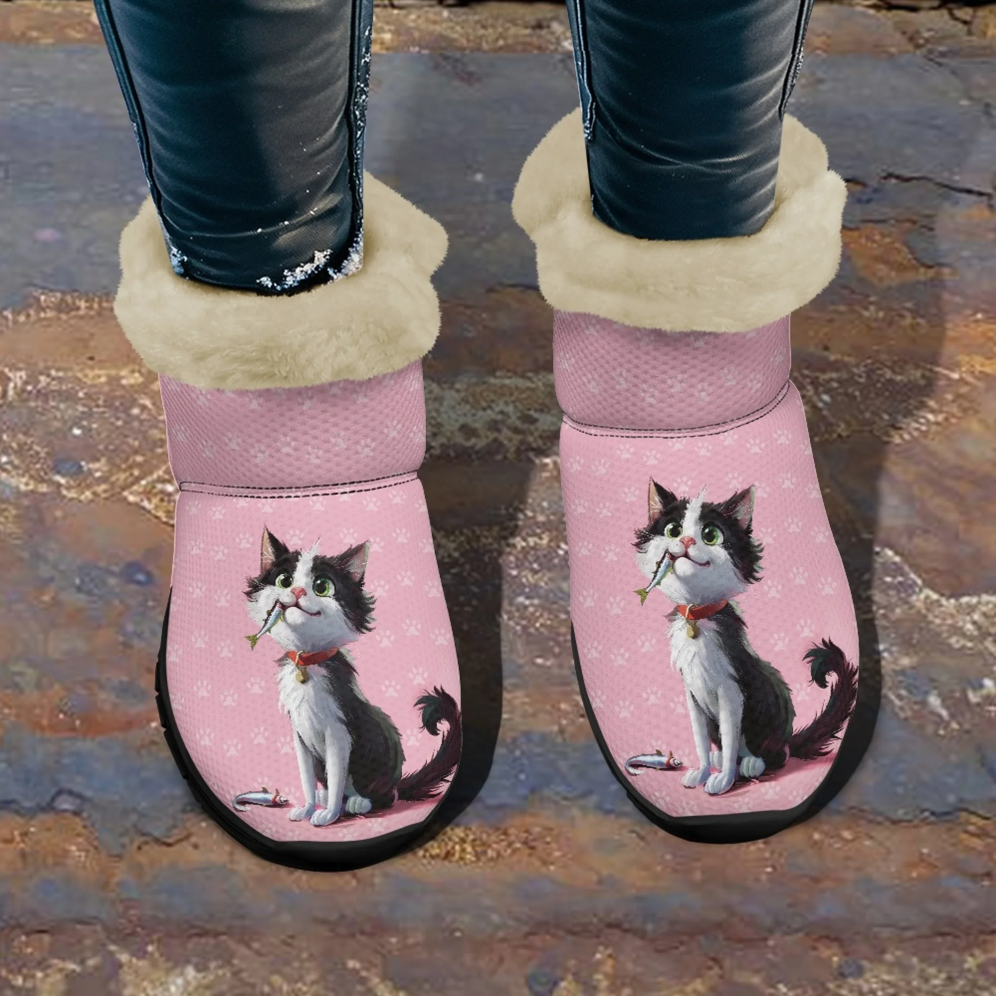 INSTANTARTS Niedliche Cartoon-Katze-Damen-Schneestiefel, Stiefeletten, weiche Dame, kurze Plüsch-Komfort, Winter, warme rosa Schuhe, Geschenk für Mädchen