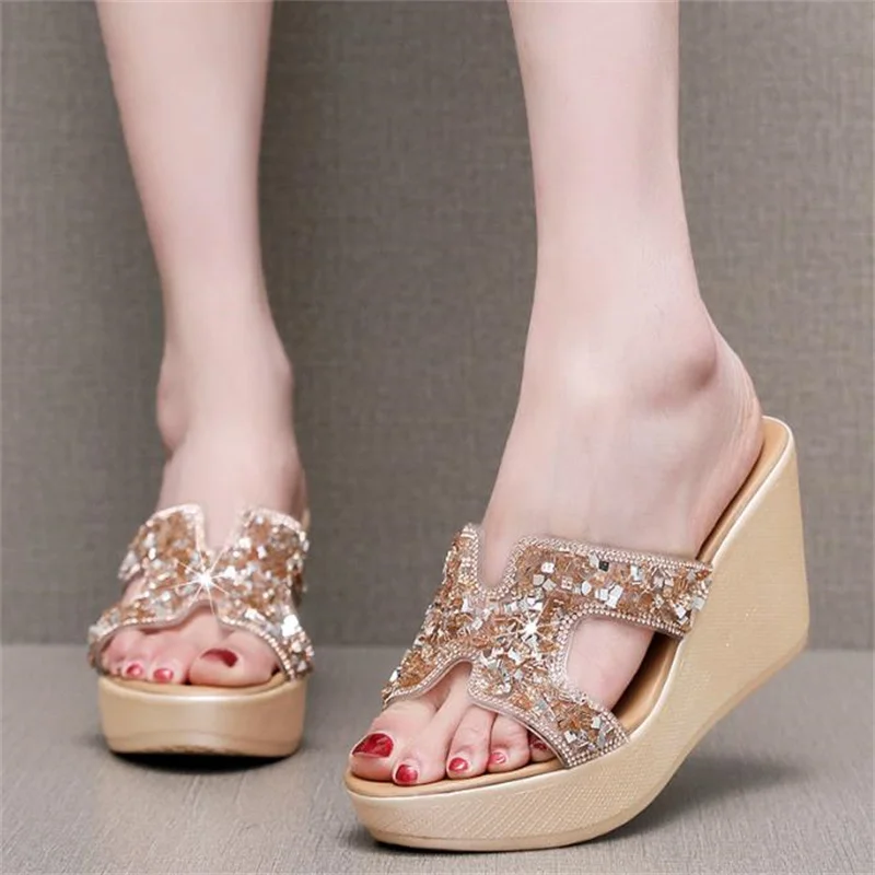 8cm Summer Concise Peep Toe Women Platform Wedges Slippers Ladies Sandals Fashion High Heels Shoes Female Flip Flops Tong Femme