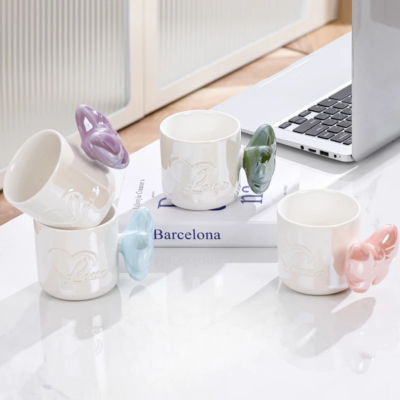 High Appearance Bow Pearl Mugs,Light Luxury Milk Breakfast Coffee Mug,Large Capacity Handle Ceramic Water Cups, Souvenir Tea Cup
