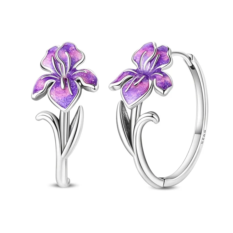 New Original 925 Sterling Silver Purple Swallow Hoop Earrings Sparkling CZ Zircon Earrings For Women Fine Birthday Jewelry Gifts