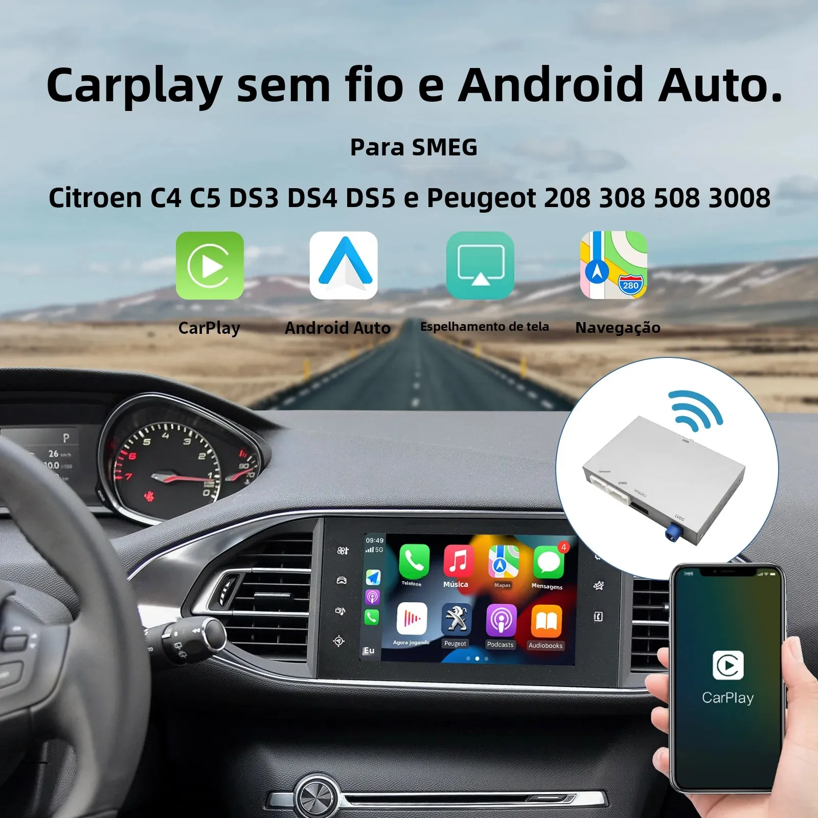 Autoabc sem fio carplay android auto para peugeot smeg 208 308 508 3008 citroën c4 ds3 ds4 ds5 câmera módulo multimídia