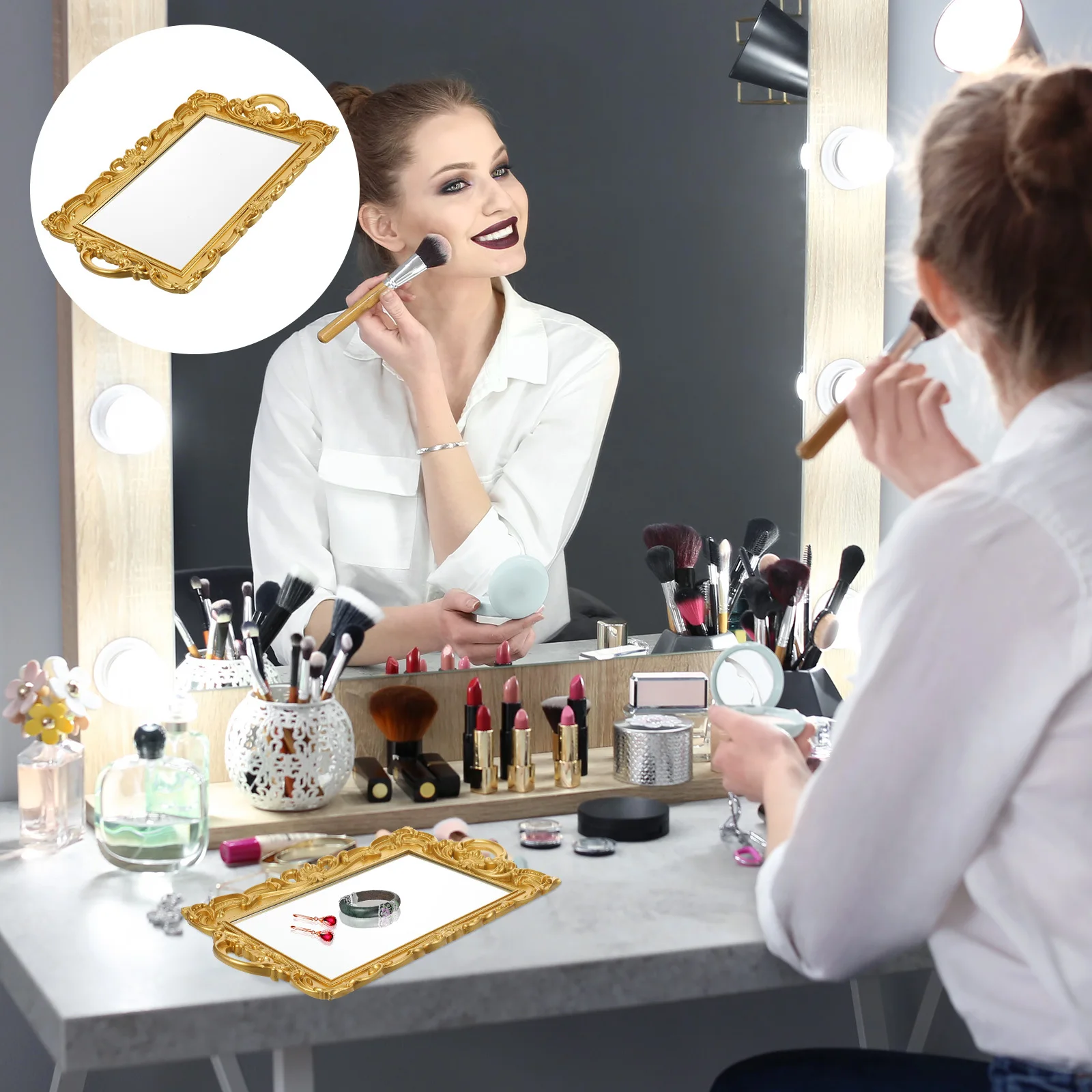 

1Pcs Multi-Purpose Mirror Tray European Style Retro Look Design Fine Craftsmanship Safe Decorative Storage Accessory