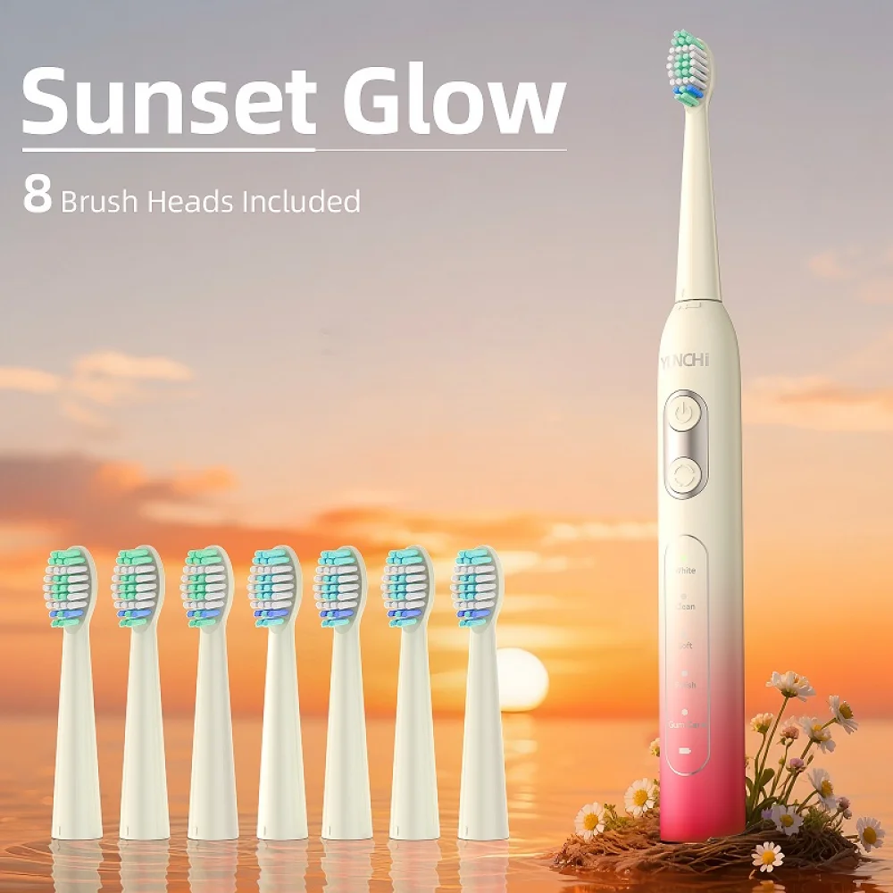 

Электрическая зубная щетка YUNCHI C2, звуковая зубная щетка для взрослых, перезаряжаемая, 2 минуты, умный таймер, 5 режимов, с 8 сменными насадками