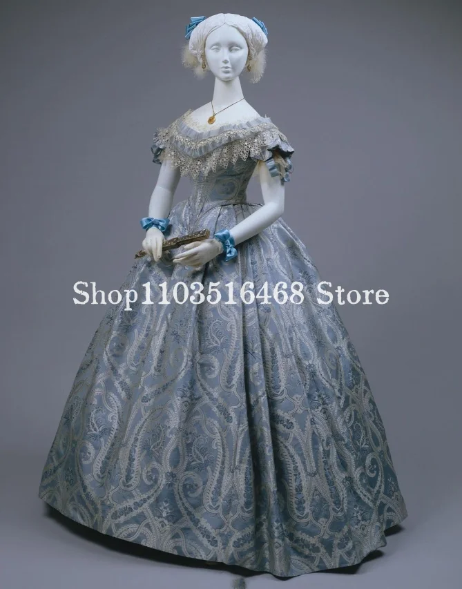 Blue Historical Victorian Evening Round Neck Lace Dyed Ruffles Walking Day Dresses Prom Dresses Vestidos De Noche