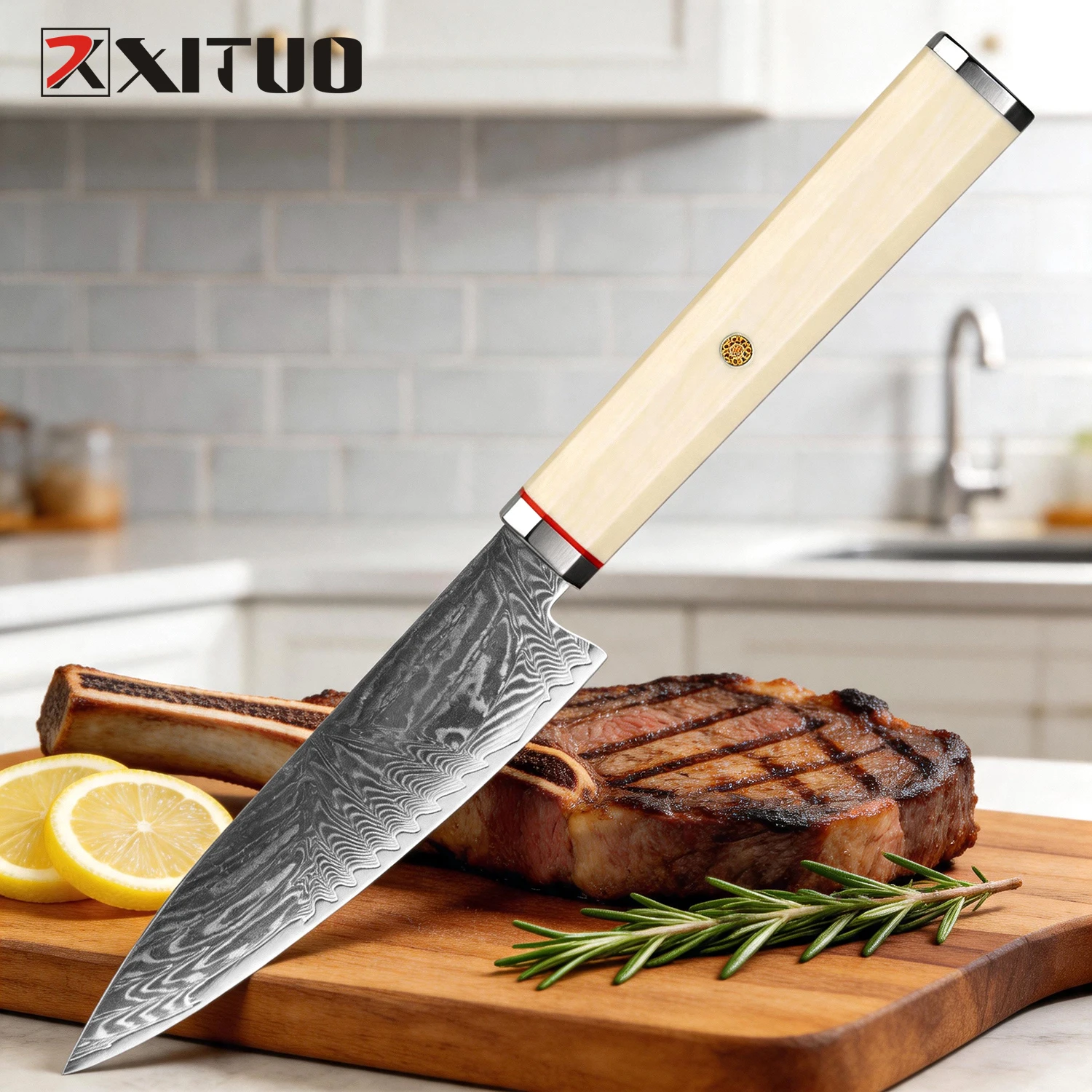 XITUO Japanese Utility Knife 5 Inch Kitchen Knife Damascus Steel, for Peeling, Slicing&Trimmin, Imitation Ivory Octagonal Handle