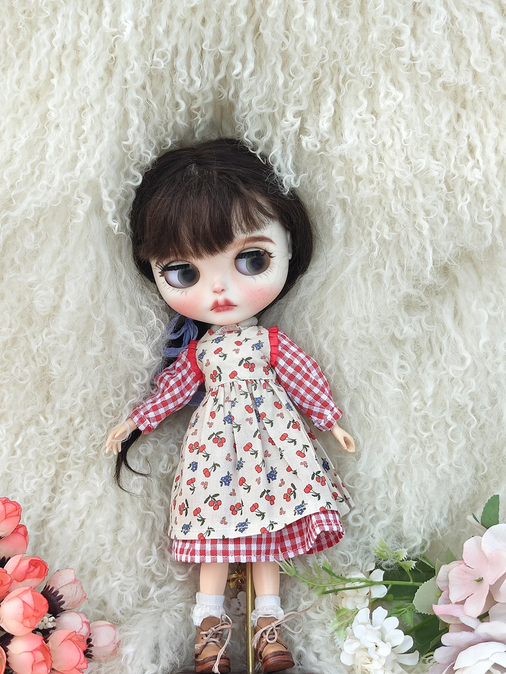 Blythe doll Clothes spring Cute Red floral-print plaid Set  Clothes for Ymy Licca Azones Ob22 24 27 YMY Doll Accessories