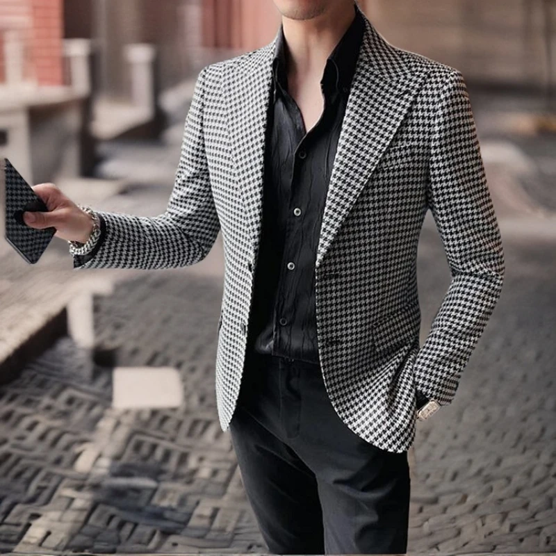 

Houndstooth Men's Blazer British's Style Casual Slim Fit Suit Jacket Male Plaid Blazers 1 Pc Single Breasted Men Coat 2024