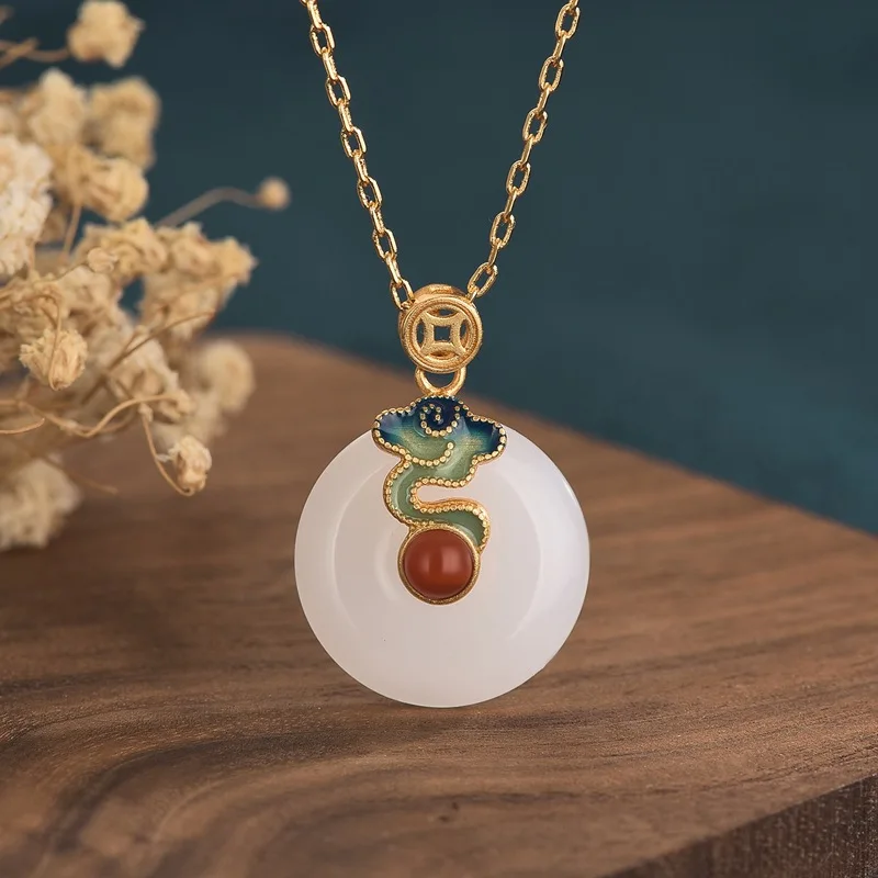 Chinese Style Ancient Method Gold Hetian Jade Necklace Pendant Enamel Colorful Auspicious Cloud Craft Clavicle Chain Necklaces