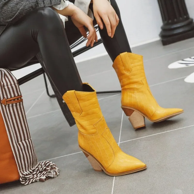 Black Yellow White Knee High Boots Western Cowboy Boots for Women Long Winter Boots Pointed Toe Cowgirl wedges Motorcycle Boots