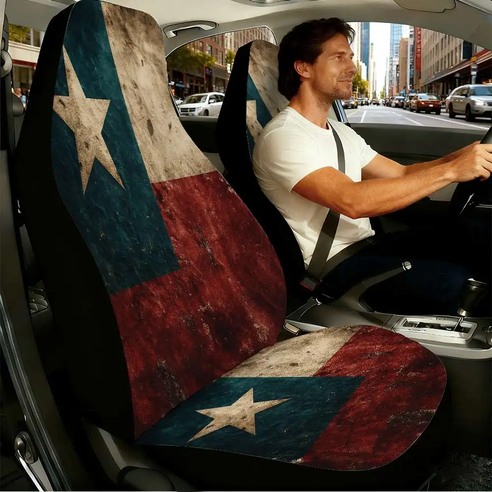 Set Of 2 Retro Texas State Flag Seat Covers Designed For Front Seats, Featuring A High Back Style Made From Polyester, Compatibl