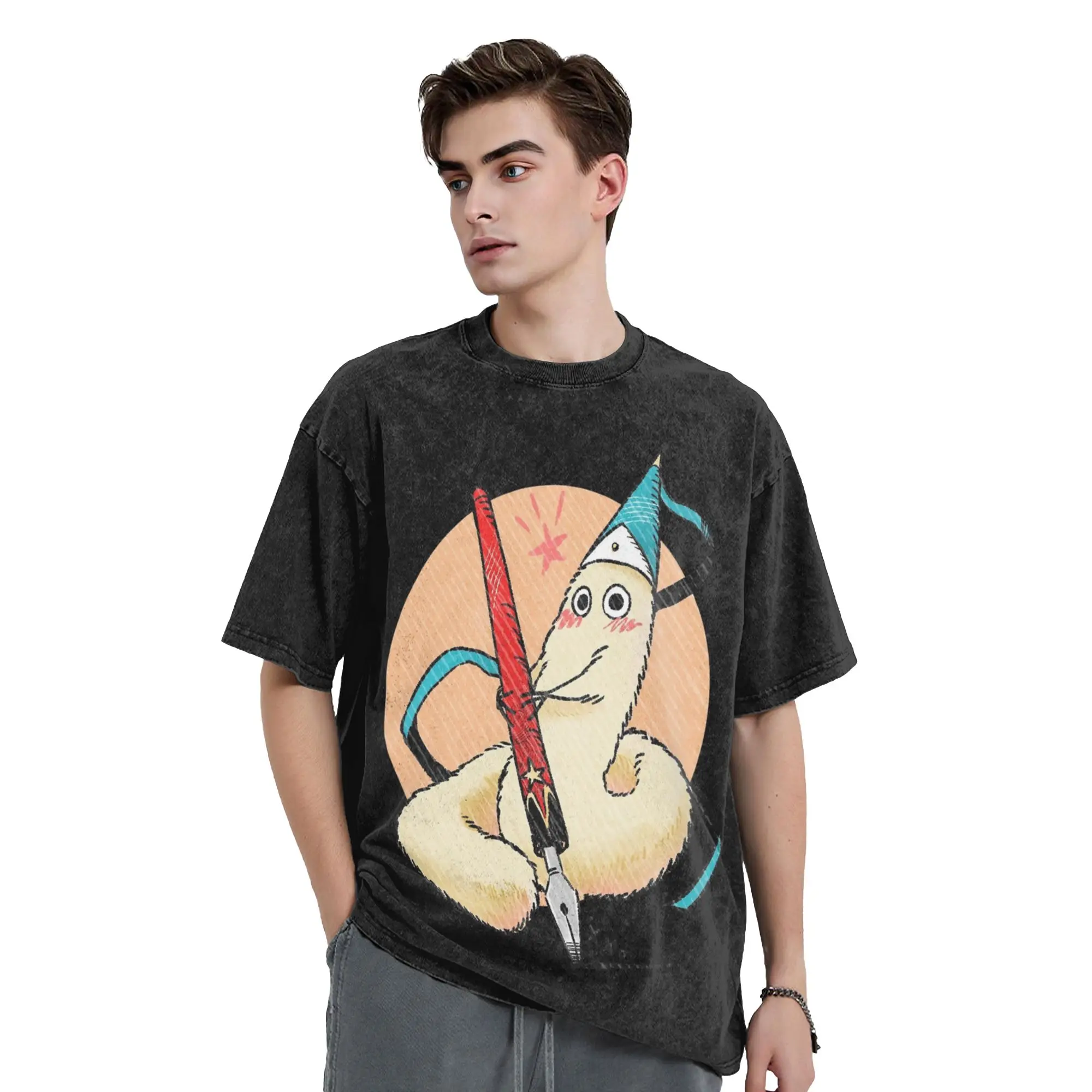 Writing Brush Buddy Witch Hat Atelier Anime Washed T Shirts Streetwear   T-Shirt  Tee Shirt Men Women Cotton Harajuku Summer