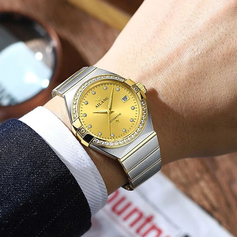 

AILANG модные роскошные механические мужские часы с бриллиантовым ободом золотые стальные часы модные автоматические часы для мужчин из нержавеющей стали