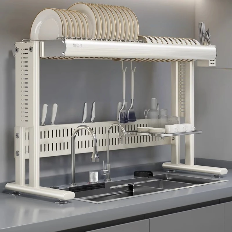 ‌304Stainless Steel Dish Rack Height-Adjustable H-Frame Sink Organizer Splash-Proof Drainer Basket Large Kitchen Sink Storage
