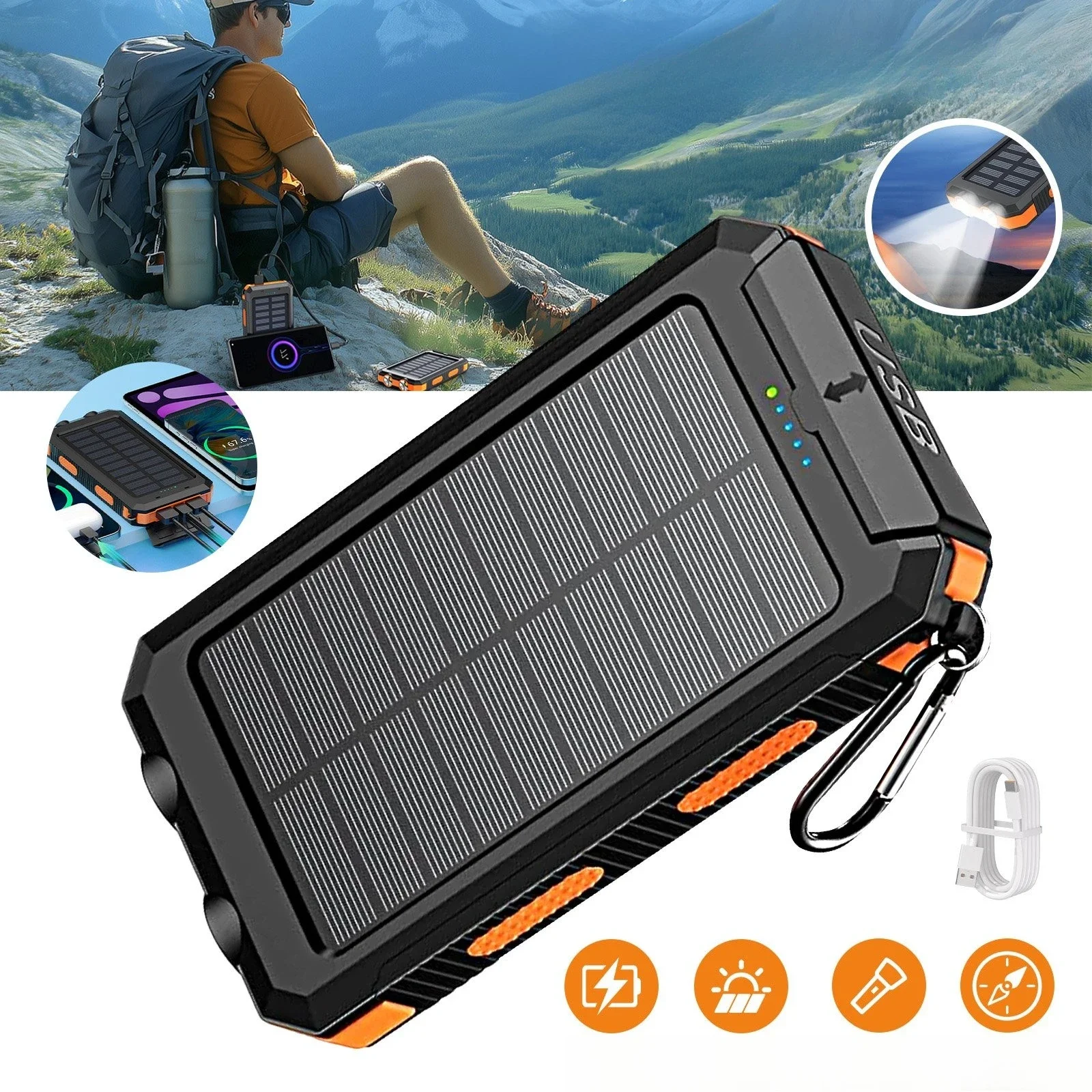 Przenośna ładowarka solarna o pojemności 26800 mAh, wodoodporna, zewnętrzna bateria, ładowanie energią słoneczną, przenośne źródło zasilania do użytku na zewnątrz, podczas podróży i w sytuacjach