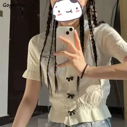 White T-shirts Women Bow Folds Sweet Short Sleeve Knitted Korean Style Slim Tops Girlish Age-reducing Streetwear Y2k Chic Preppy