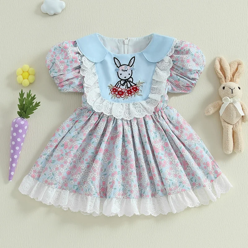 

Suefunskry Toddler Girls Easter Dress Rabbit Embroidery Floral Print Lace Ruffles Short Sleeve Dress Kids Summer Princess Dress