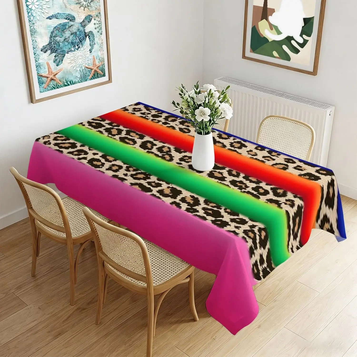Mexican Colorful Stripes Leopard Print Tablecloth for Table Decor Washable Kitchen Dining Tablecloth Day of The Dead Decor