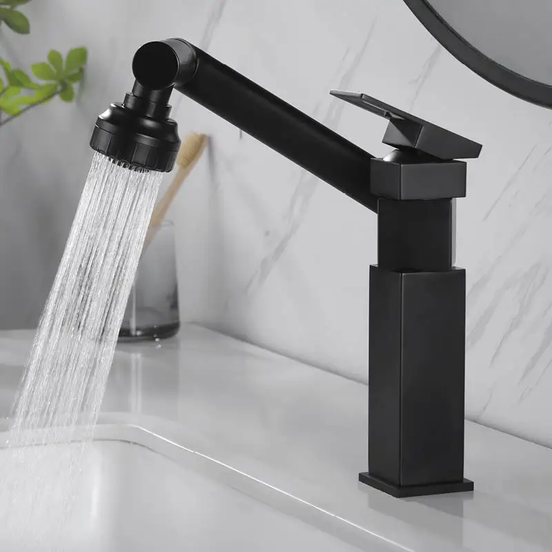 Deck Mounted Basin Sink Faucet 2 Modes Rotatable Lavatory Sink Faucet Single Handle Bathroom Hot Cold Mixer Tap Matte Black