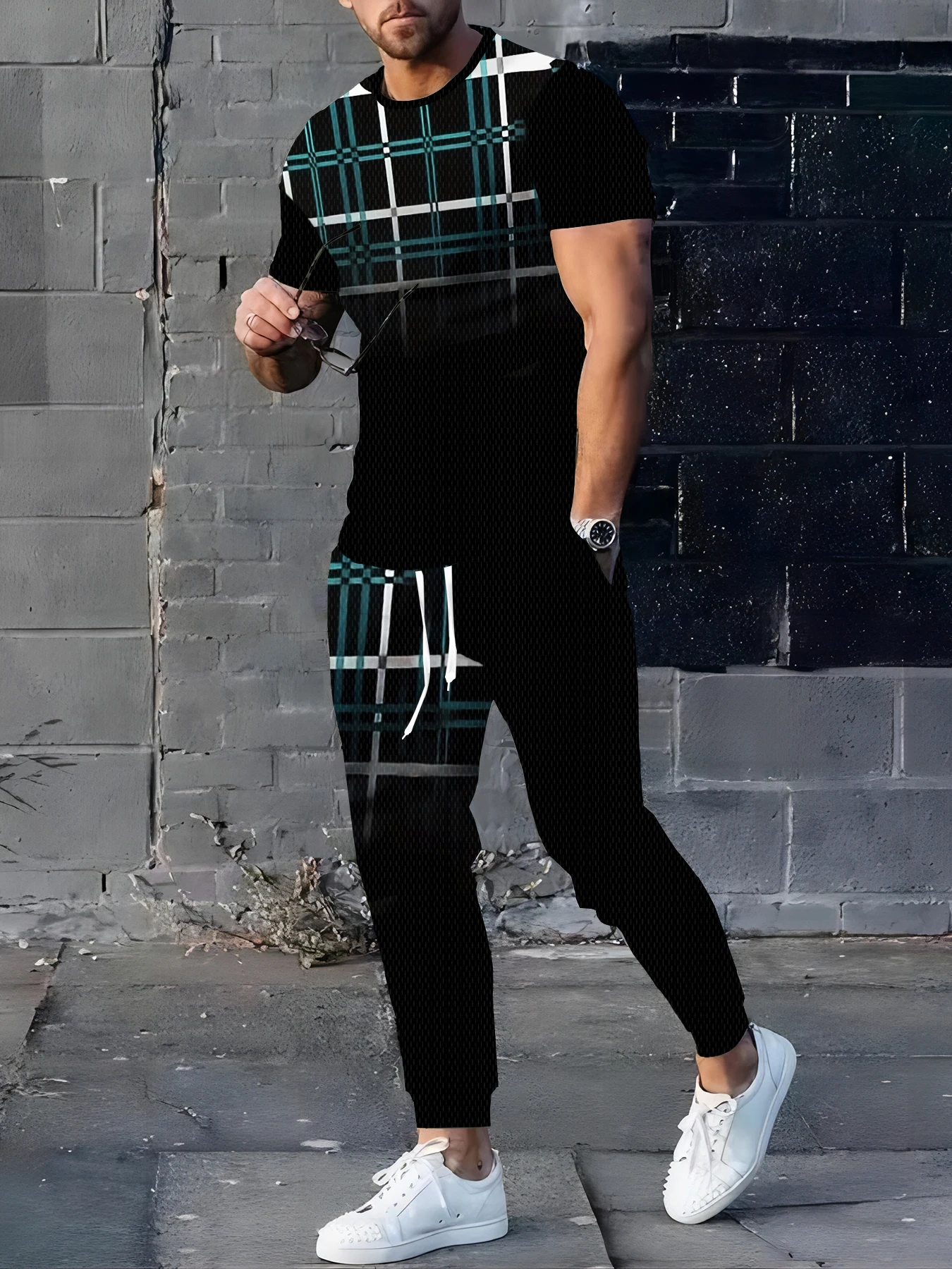 

New Men's Personalized Printed Breathable and Comfortable Round Neck T-shirt and Pants Outdoor Comfortable Sports Set