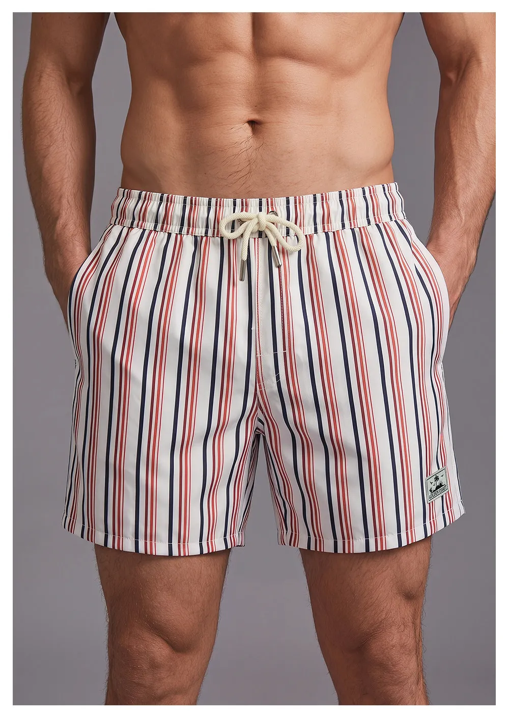 Herren-Sommer-Strandshorts mit einfachem Streifenmuster und 3D-Druck, hawaiianische, lockere, lässige Shorts, schnell trocknende, atmungsaktive Surf-Badebekleidung – Detail 4