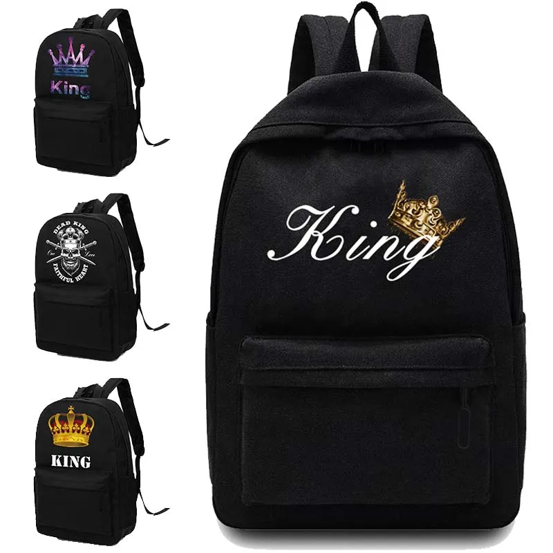 Mochila de lona con estampado de rey y reina para hombre, morral Unisex para ordenador portátil, bolso de escuela secundaria, novedad