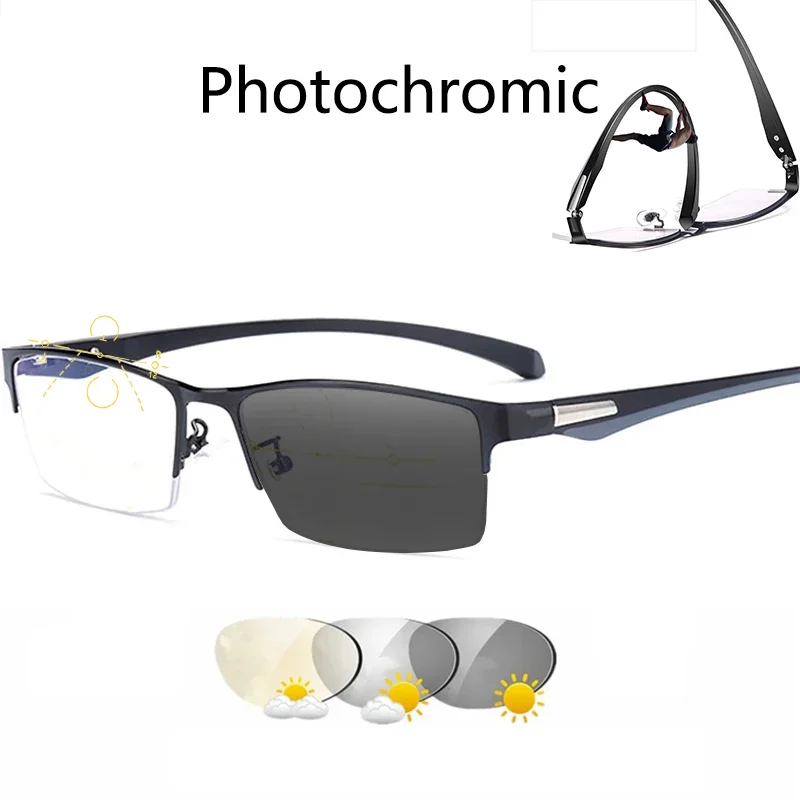 

Progressive Multifocal Reading Glasses Photochromic Men Blue Light Blocking Glasses TR90 Half Frame Presbyopic Computer Eyewear