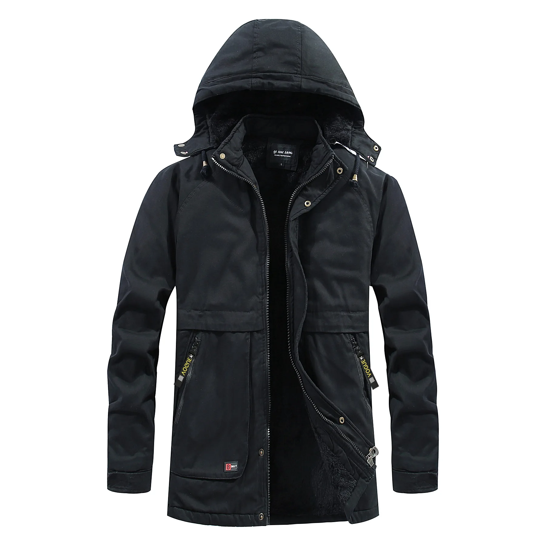 2025 Men Jacket Winter Retro Thicken Fleece Long Sleeve Male Cargo Coat Mid Length Zipper Men Detachable Hooded Outerwear