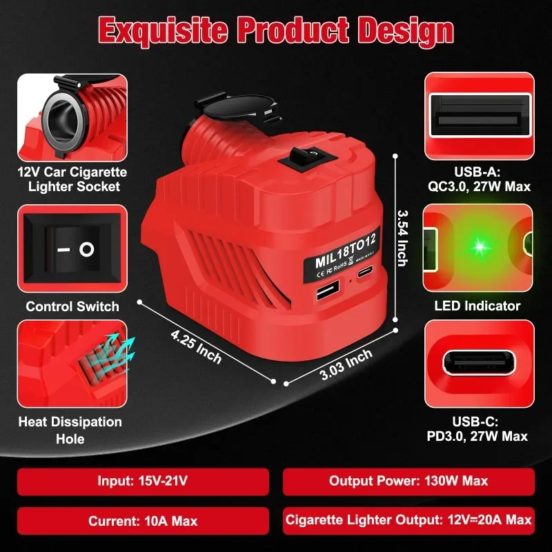 Compatible M18 48-11-1815 18V To 12V Step-down Converters 12V DC Step-down Regulator with Cigarette Lighter USB & Type-C Ports