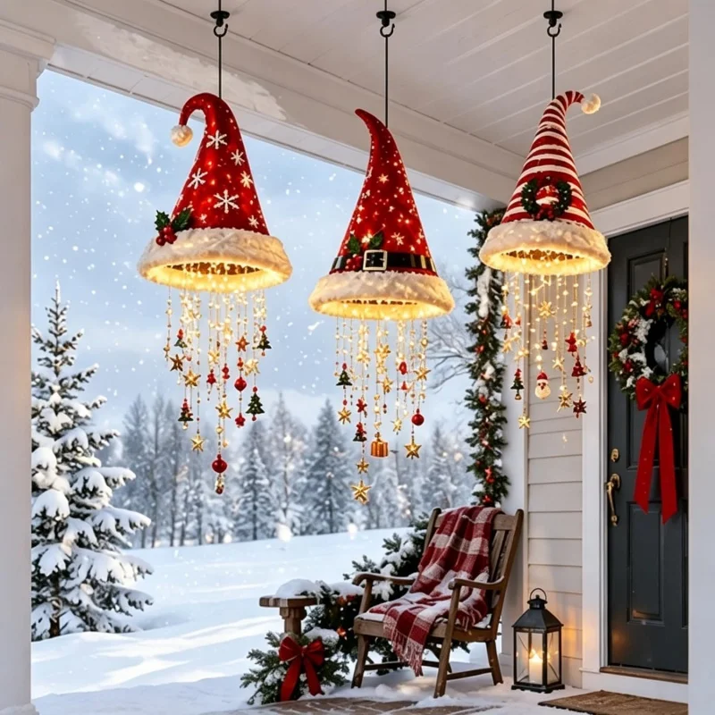 Christmas Lighted Santa Hat Chandelier- Warm Led Glowing Ornament Hanging Tassel Pendant For Xmas Holiday Home Decorations
